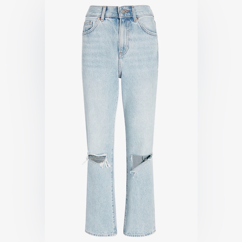 NWT SZ 4 Express High Waisted Light Wash Ripped Straight Ankle Jeans